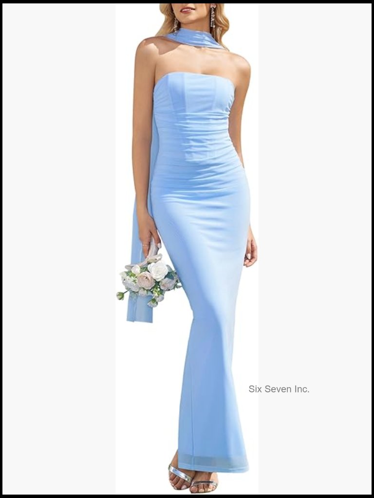 Strapless Bodycon Maxi Dress With Scarf For Wedding Guest Cocktail Party Long